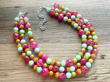 Load image into Gallery viewer, Paradise Resort Statement Necklace, multi strand bright jewelry, chunky statement necklace, green necklace, mint green hot pink beaded