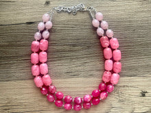 Load image into Gallery viewer, Pink Ombré Chunky Statement jewelry set, Big bib beaded jewelry, Double Strand Statement Necklace earrings, bridesmaid wedding magenta
