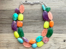 Load image into Gallery viewer, Funk Festival chunky necklace, beaded jewelry, resin beaded necklace, purple green coral lime necklace, vacation necklace jewelry