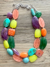 Load image into Gallery viewer, Funk Festival chunky necklace, beaded jewelry, resin beaded necklace, purple green coral lime necklace, vacation necklace jewelry