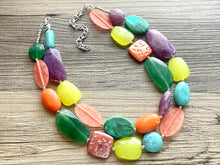 Load image into Gallery viewer, Funk Festival chunky necklace, beaded jewelry, resin beaded necklace, purple green coral lime necklace, vacation necklace jewelry