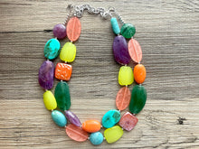 Load image into Gallery viewer, Funk Festival chunky necklace, beaded jewelry, resin beaded necklace, purple green coral lime necklace, vacation necklace jewelry