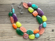 Load image into Gallery viewer, Funk Festival chunky necklace, beaded jewelry, resin beaded necklace, purple green coral lime necklace, vacation necklace jewelry