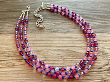 Load image into Gallery viewer, Steady Love Statement Necklace, multi strand bright jewelry, chunky statement necklace, pink necklace, blue hot pink clear resin beaded