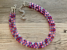 Load image into Gallery viewer, Steady Love Statement Necklace, multi strand bright jewelry, chunky statement necklace, pink necklace, blue hot pink clear resin beaded