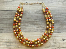 Load image into Gallery viewer, Cardigan Fall Statement Necklace, chunky bib beaded jewelry, Burnt orange bead bib necklace, beaded jewelry dark brown gold glitter earrings