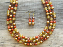 Load image into Gallery viewer, Cardigan Fall Statement Necklace, chunky bib beaded jewelry, Burnt orange bead bib necklace, beaded jewelry dark brown gold glitter earrings