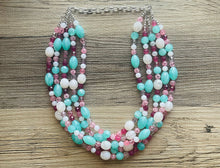 Load image into Gallery viewer, Rose Garden 5 Strand statement necklace, hot pink big beaded chunky jewelry, silver metallic jewelry necklace mint blush pink white