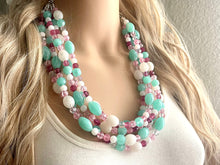 Load image into Gallery viewer, Rose Garden 5 Strand statement necklace, hot pink big beaded chunky jewelry, silver metallic jewelry necklace mint blush pink white