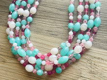Load image into Gallery viewer, Rose Garden 5 Strand statement necklace, hot pink big beaded chunky jewelry, silver metallic jewelry necklace mint blush pink white