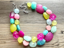 Load image into Gallery viewer, Garden Blooms Chunky Statement Necklace, mint green beaded necklace, pink green silver jewelry multi strand necklace bib rose flower