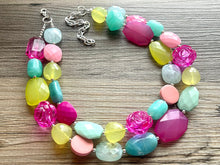 Load image into Gallery viewer, Garden Blooms Chunky Statement Necklace, mint green beaded necklace, pink green silver jewelry multi strand necklace bib rose flower