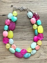 Load image into Gallery viewer, Garden Blooms Chunky Statement Necklace, mint green beaded necklace, pink green silver jewelry multi strand necklace bib rose flower