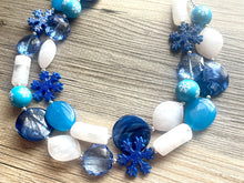 Load image into Gallery viewer, Blue & White Snow Christmas Beaded Necklace, 2 strand Chunky statement necklace, big beaded necklace jewelry, Aqua sparkle silver statement
