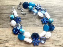 Load image into Gallery viewer, Blue & White Snow Christmas Beaded Necklace, 2 strand Chunky statement necklace, big beaded necklace jewelry, Aqua sparkle silver statement