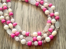Load image into Gallery viewer, Pink Sugar Chunky Statement Necklace, 3 Strand Beaded Jewelry, Pink White cream jewelry, jewel tone tan champagne bib light pink