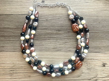 Load image into Gallery viewer, Metallic Marshmallow Extra Chunky Statement Necklace, cream & gold beaded jewelry, Multi Strand Bib Beaded necklace, black tan champagne