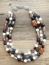 Load image into Gallery viewer, Metallic Marshmallow Extra Chunky Statement Necklace, cream & gold beaded jewelry, Multi Strand Bib Beaded necklace, black tan champagne