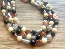 Load image into Gallery viewer, Metallic Marshmallow Extra Chunky Statement Necklace, cream & gold beaded jewelry, Multi Strand Bib Beaded necklace, black tan champagne