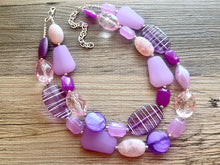 Load image into Gallery viewer, Grapevine Extravaganza Chunky Statement Necklace, blush pink beaded jewelry, Multi Strand Bib Resin Beaded necklace violet lavender