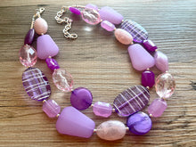 Load image into Gallery viewer, Grapevine Extravaganza Chunky Statement Necklace, blush pink beaded jewelry, Multi Strand Bib Resin Beaded necklace violet lavender