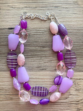 Load image into Gallery viewer, Grapevine Extravaganza Chunky Statement Necklace, blush pink beaded jewelry, Multi Strand Bib Resin Beaded necklace violet lavender