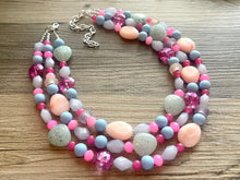 Load image into Gallery viewer, Jewel Tone & Peach Statement Necklace, multi strand bright jewelry, chunky statement Peach necklace, blue blush green blue gold earrings