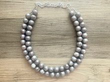 Load image into Gallery viewer, Two Strand Silver gray hologram Resin Chunky statement necklace, big beaded jewelry, gifts for women, bib jewelry Multi-Strand necklace