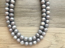 Load image into Gallery viewer, Two Strand Silver gray hologram Resin Chunky statement necklace, big beaded jewelry, gifts for women, bib jewelry Multi-Strand necklace