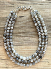 Load image into Gallery viewer, Three Strand gray Faceted Chunky statement necklace, big beaded jewelry, gifts for women, bib jewelry Multi-Strand necklace black white