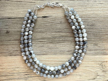 Load image into Gallery viewer, Three Strand gray Faceted Chunky statement necklace, big beaded jewelry, gifts for women, bib jewelry Multi-Strand necklace black white