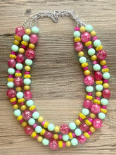 Load image into Gallery viewer, Paradise Resort Statement Necklace, multi strand bright jewelry, chunky statement necklace, green necklace, mint green hot pink beaded