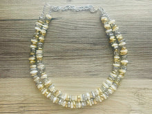 Load image into Gallery viewer, Two Strand Silver & Gold Resin Chunky statement necklace, big beaded jewelry, gifts for women, bib jewelry Multi-Strand necklace metallic