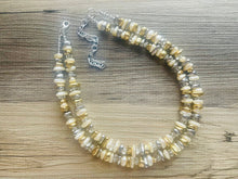 Load image into Gallery viewer, Two Strand Silver & Gold Resin Chunky statement necklace, big beaded jewelry, gifts for women, bib jewelry Multi-Strand necklace metallic