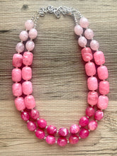 Load image into Gallery viewer, Pink Ombré Chunky Statement jewelry set, Big bib beaded jewelry, Double Strand Statement Necklace earrings, bridesmaid wedding magenta