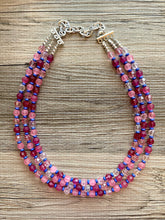 Load image into Gallery viewer, Steady Love Statement Necklace, multi strand bright jewelry, chunky statement necklace, pink necklace, blue hot pink clear resin beaded