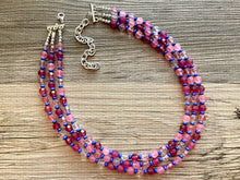 Load image into Gallery viewer, Steady Love Statement Necklace, multi strand bright jewelry, chunky statement necklace, pink necklace, blue hot pink clear resin beaded