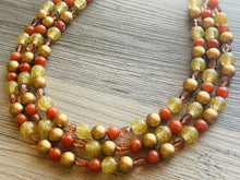 Load image into Gallery viewer, Cardigan Fall Statement Necklace, chunky bib beaded jewelry, Burnt orange bead bib necklace, beaded jewelry dark brown gold glitter earrings