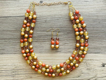 Load image into Gallery viewer, Cardigan Fall Statement Necklace, chunky bib beaded jewelry, Burnt orange bead bib necklace, beaded jewelry dark brown gold glitter earrings