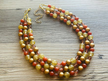 Load image into Gallery viewer, Cardigan Fall Statement Necklace, chunky bib beaded jewelry, Burnt orange bead bib necklace, beaded jewelry dark brown gold glitter earrings