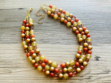 Load image into Gallery viewer, Cardigan Fall Statement Necklace, chunky bib beaded jewelry, Burnt orange bead bib necklace, beaded jewelry dark brown gold glitter earrings
