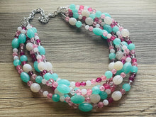 Load image into Gallery viewer, Rose Garden 5 Strand statement necklace, hot pink big beaded chunky jewelry, silver metallic jewelry necklace mint blush pink white