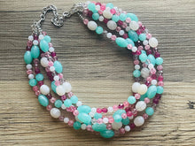 Load image into Gallery viewer, Rose Garden 5 Strand statement necklace, hot pink big beaded chunky jewelry, silver metallic jewelry necklace mint blush pink white