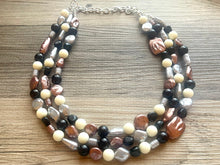 Load image into Gallery viewer, Metallic Marshmallow Extra Chunky Statement Necklace, cream & gold beaded jewelry, Multi Strand Bib Beaded necklace, black tan champagne