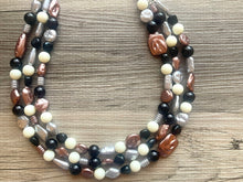 Load image into Gallery viewer, Metallic Marshmallow Extra Chunky Statement Necklace, cream & gold beaded jewelry, Multi Strand Bib Beaded necklace, black tan champagne