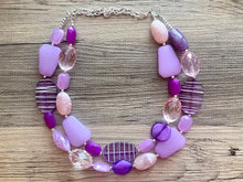 Load image into Gallery viewer, Grapevine Extravaganza Chunky Statement Necklace, blush pink beaded jewelry, Multi Strand Bib Resin Beaded necklace violet lavender