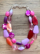 Load image into Gallery viewer, Purple Coral Reef Necklace, Double strand jewelry, big beaded chunky statement, lavender pink red necklace, shell bubble silver jewelry