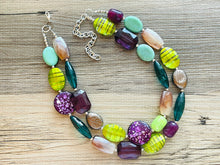 Load image into Gallery viewer, Jewel Mermaid Bubble Necklace, multi strand colorful jewelry, big beaded chunky statement necklace, purple jewel tone brown green
