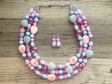Load image into Gallery viewer, Jewel Tone & Peach Statement Necklace, multi strand bright jewelry, chunky statement Peach necklace, blue blush green blue gold earrings