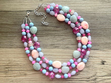 Load image into Gallery viewer, Jewel Tone & Peach Statement Necklace, multi strand bright jewelry, chunky statement Peach necklace, blue blush green blue gold earrings